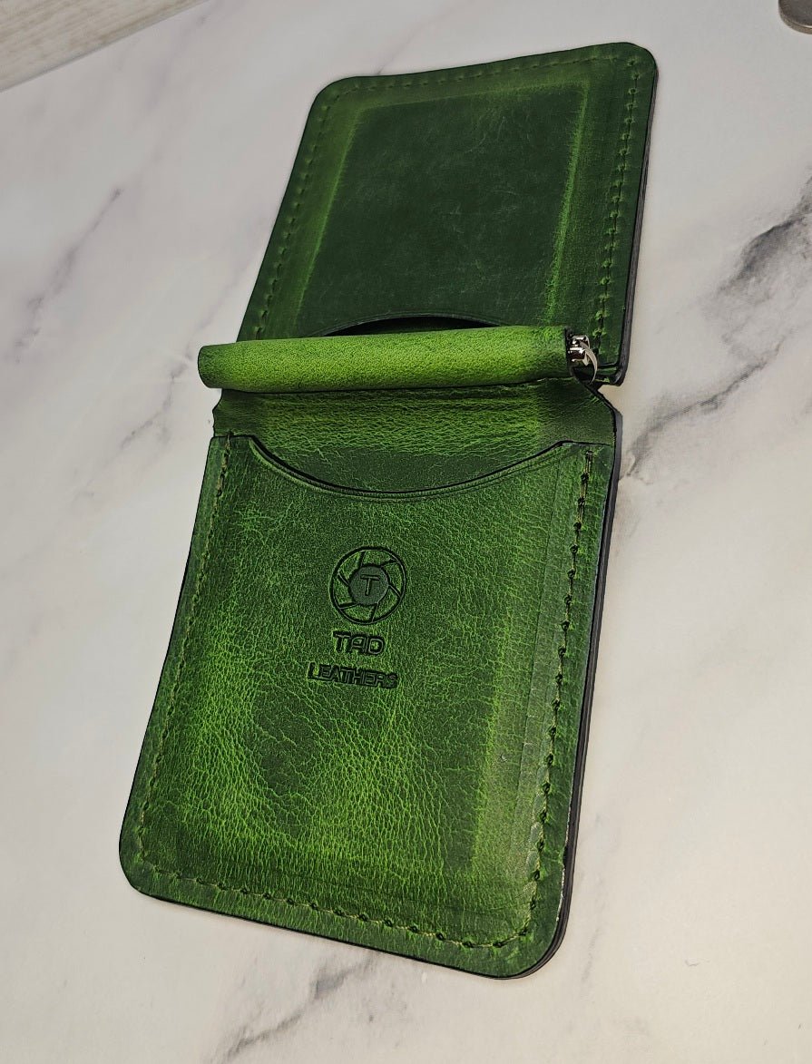 Handcrafted Leather Money Clip - [Electric Green] | Premium Full - Grain Leather | Tad Leathers" - Tad Leathers