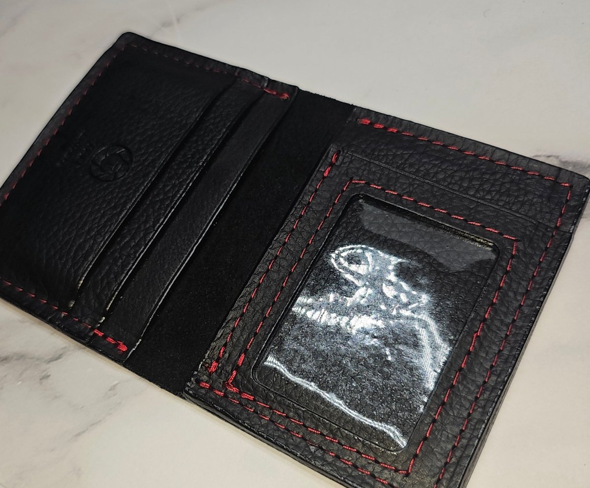 Leather ID Wallet (Black w/ Red stitching) - Tad LeathersBest leather walletCardHolderTad Leathers