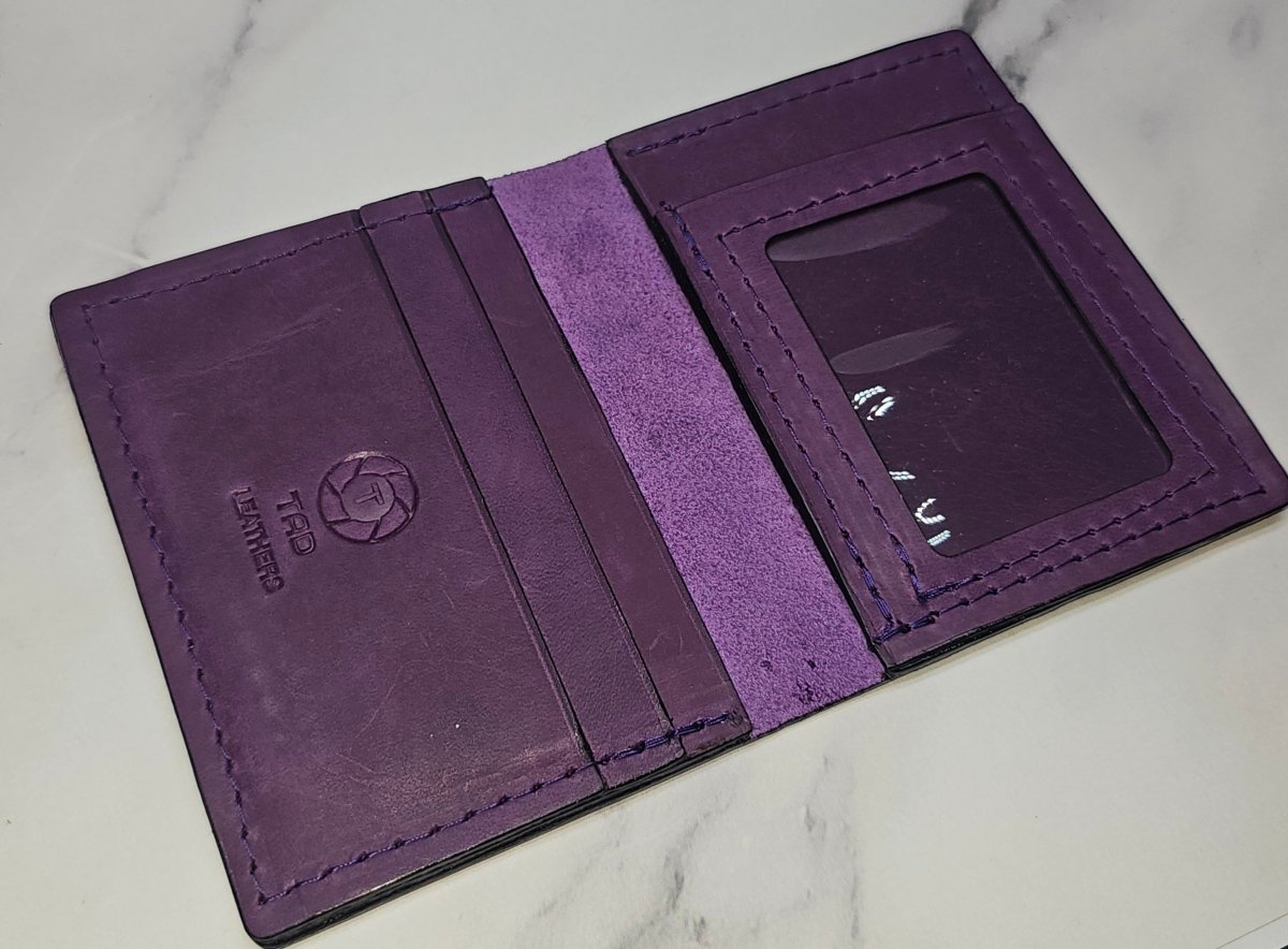 Royal Plum Leather Card Holder - Minimalist Wallet with Clear ID Window - Tad Leathers
