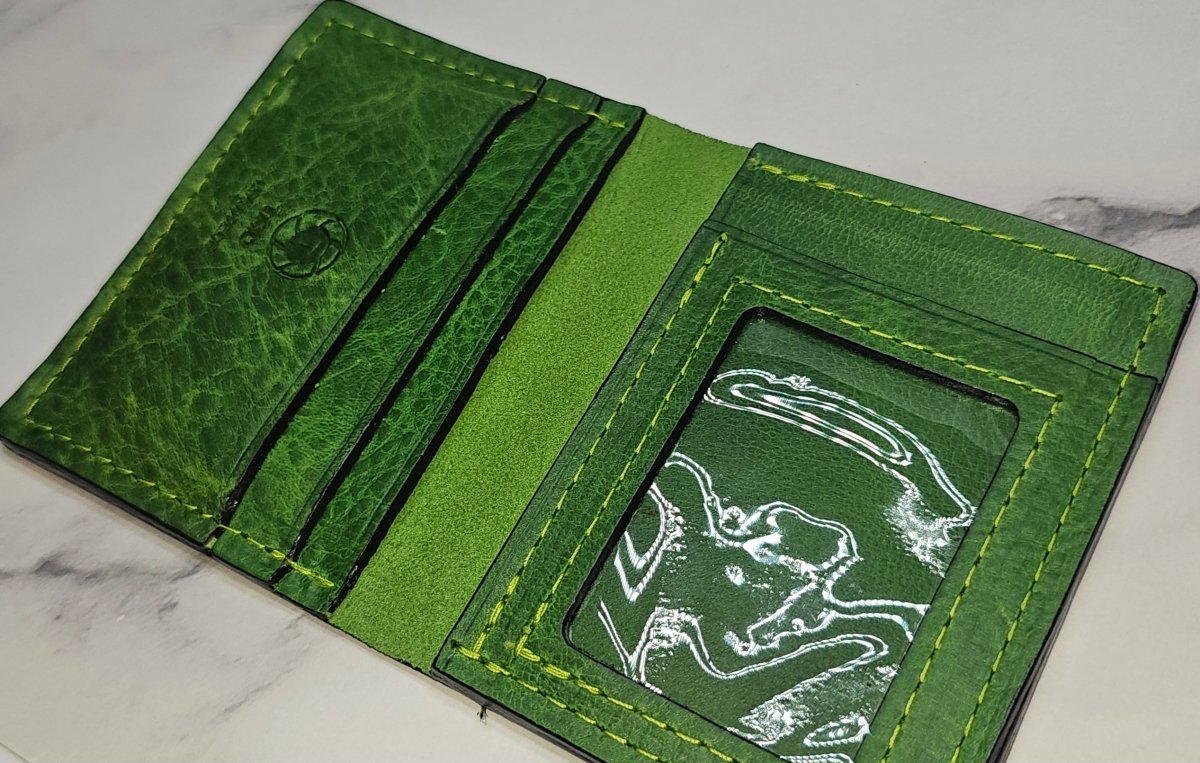 Vibrant Green Leather Card Wallet - Bold Handcrafted ID Holder Design - Tad Leathers
