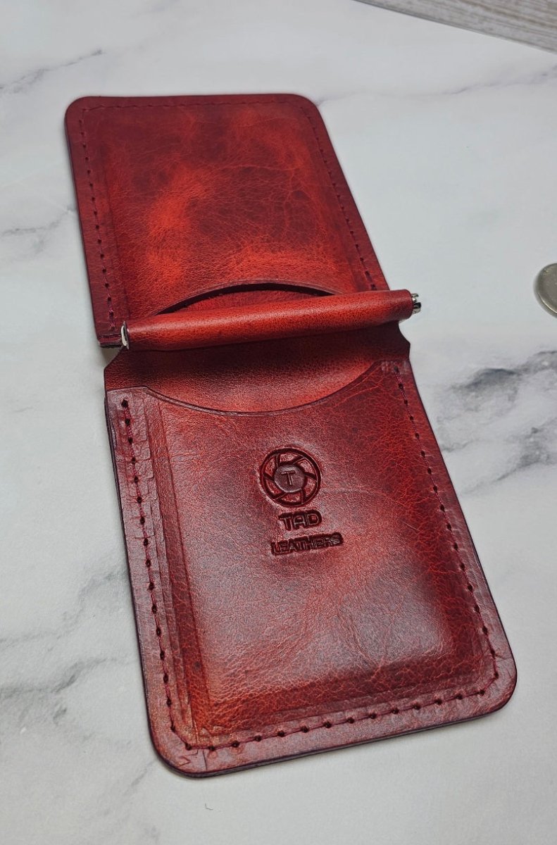 Handcrafted Leather Money Clip - Volcano Red - Premium Full - grain Leather - Tad Leathers - Tad Leathers