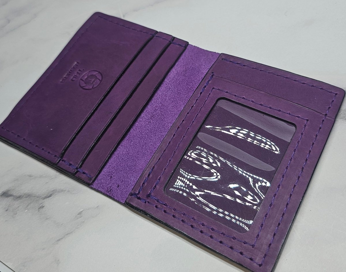 Royal Plum Leather Card Holder - Minimalist Wallet with Clear ID Window - Tad Leathers