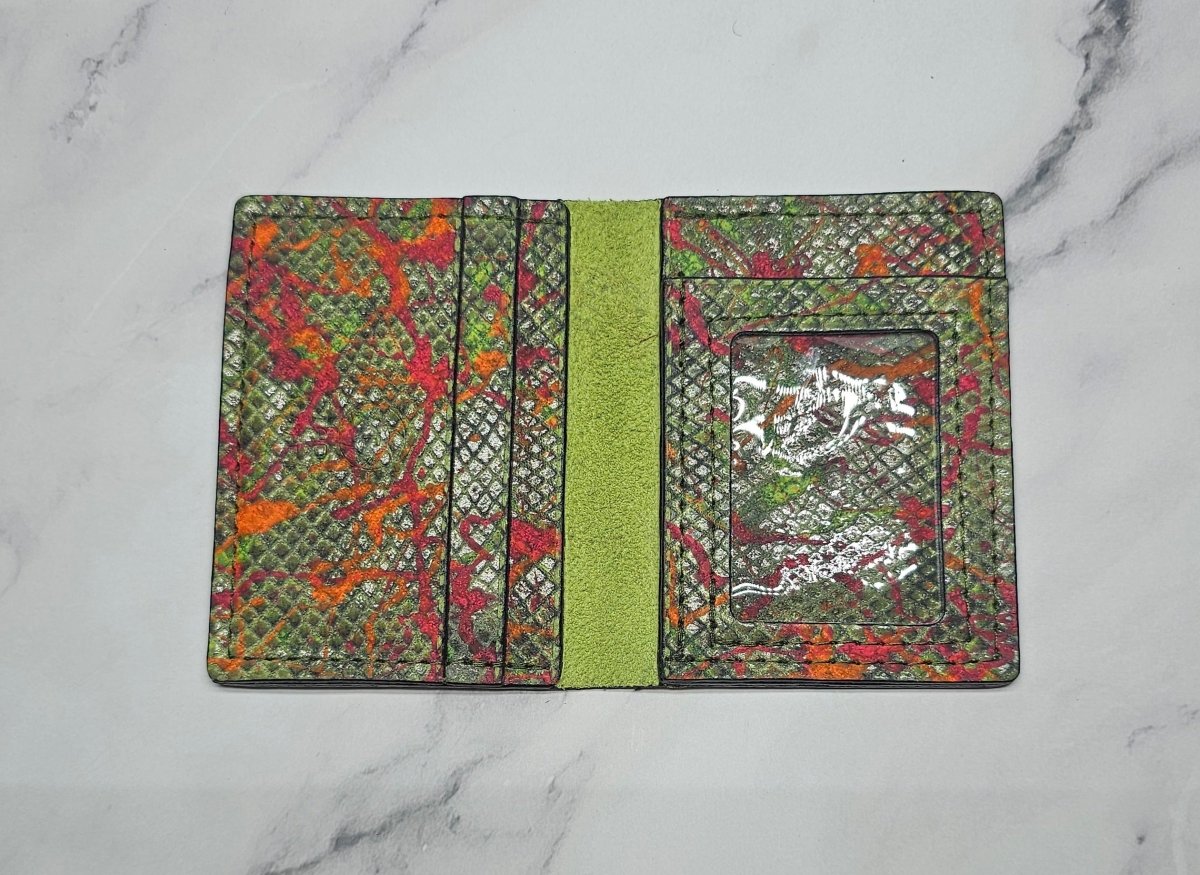 Psychedelic Green Artistic Card Wallet - Unique Handcrafted Leather Design - Tad Leathers