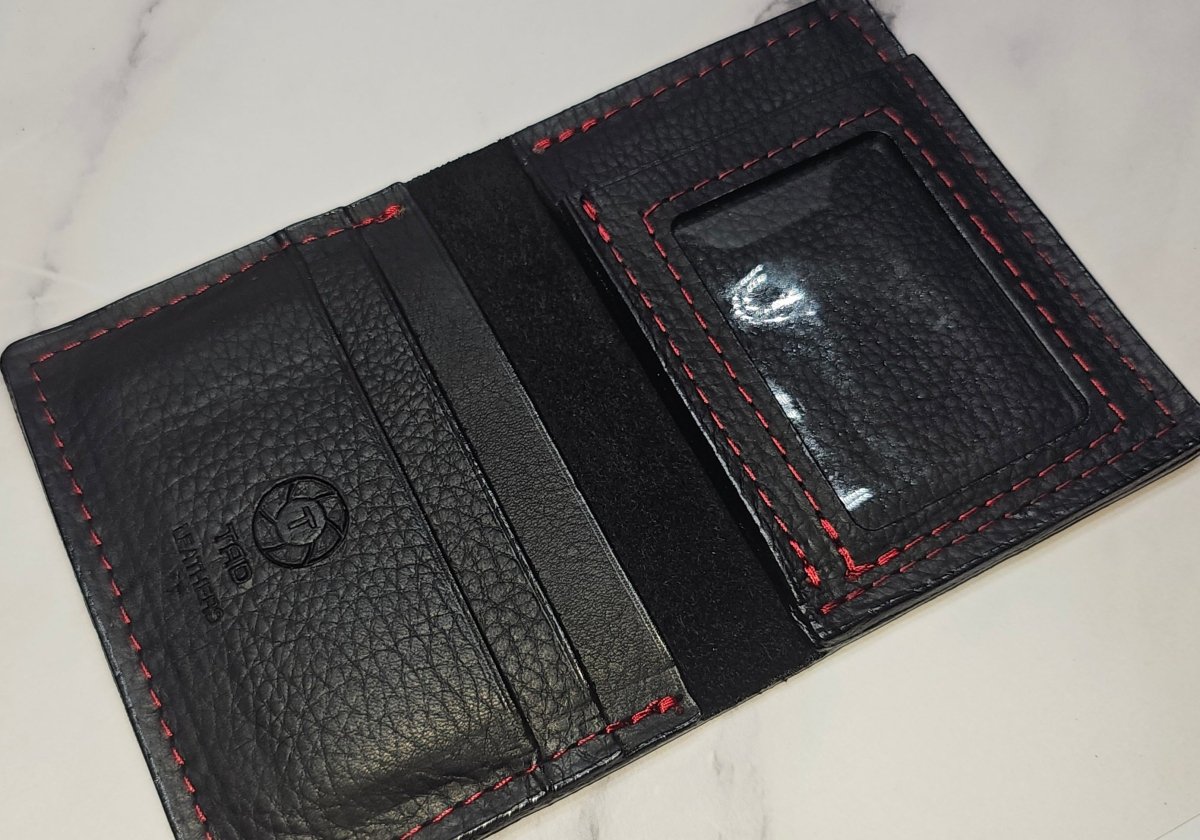 Leather ID Wallet (Black w/ Red stitching) - Tad LeathersBest leather walletCardHolderTad Leathers