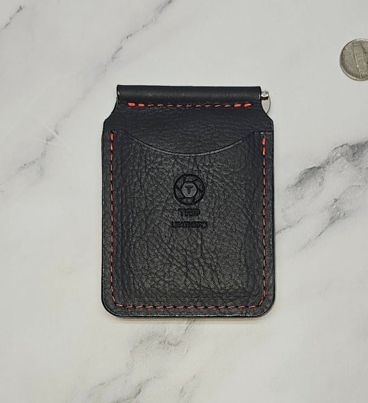 Black Leather Money Clip with Red Stitching | Premium Full - Grain Leather by Tad Leathers - Tad Leathers