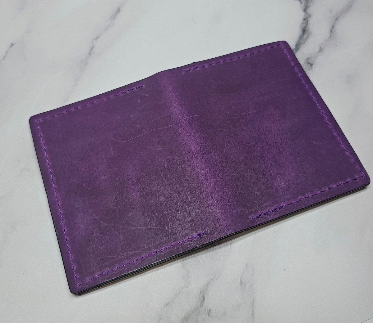 Royal Plum Leather Card Holder - Minimalist Wallet with Clear ID Window - Tad Leathers