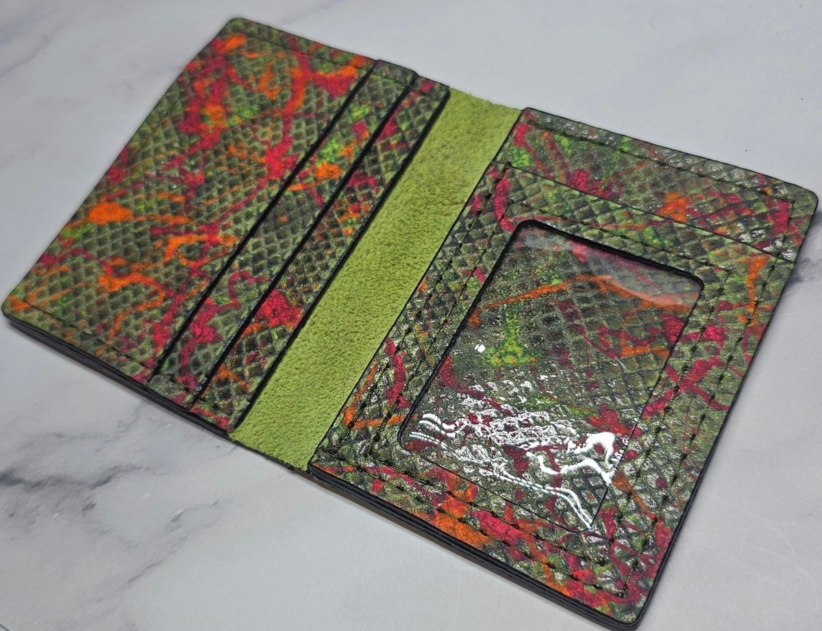 Psychedelic Green Artistic Card Wallet - Unique Handcrafted Leather Design - Tad Leathers