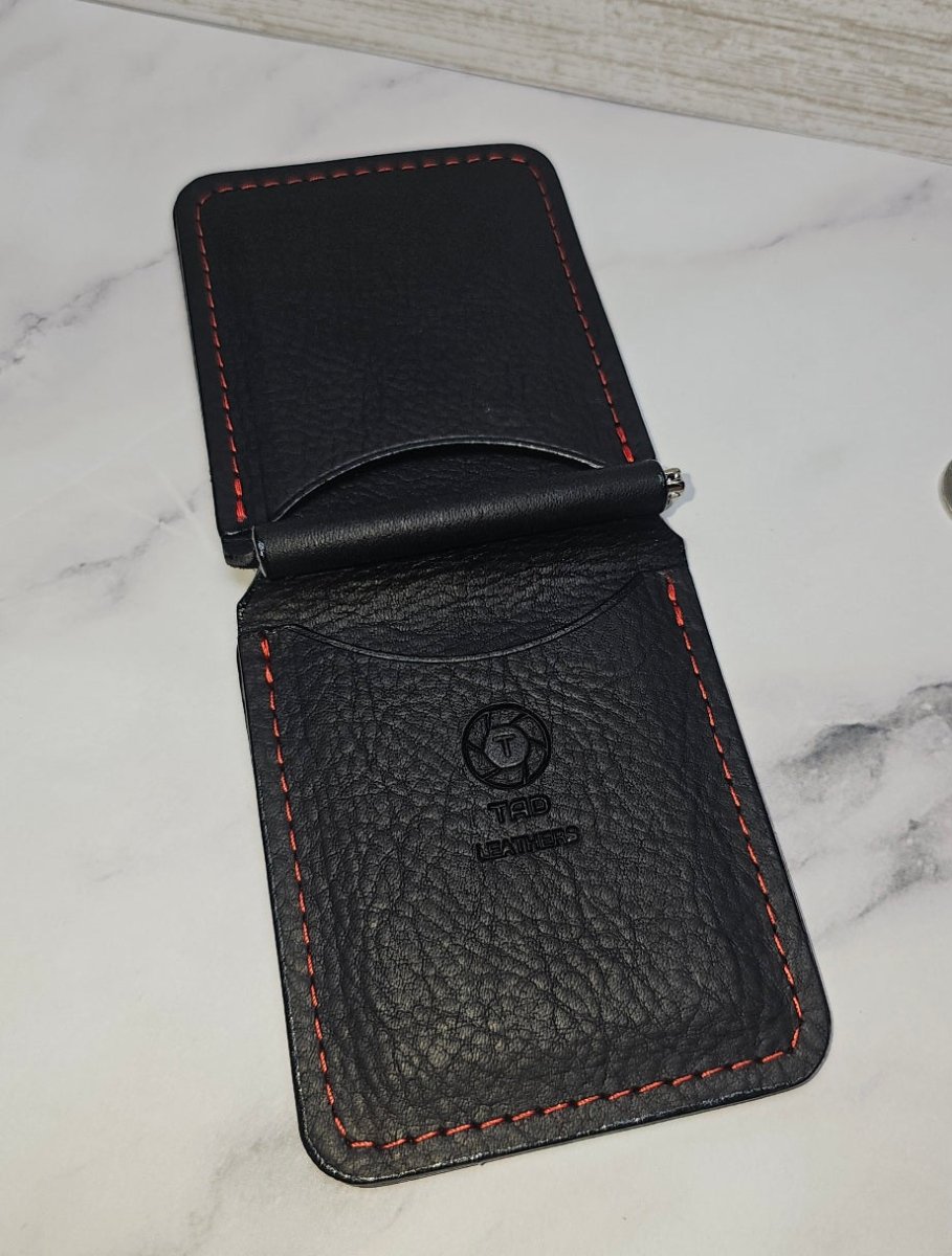 Black Leather Money Clip with Red Stitching | Premium Full - Grain Leather by Tad Leathers - Tad Leathers