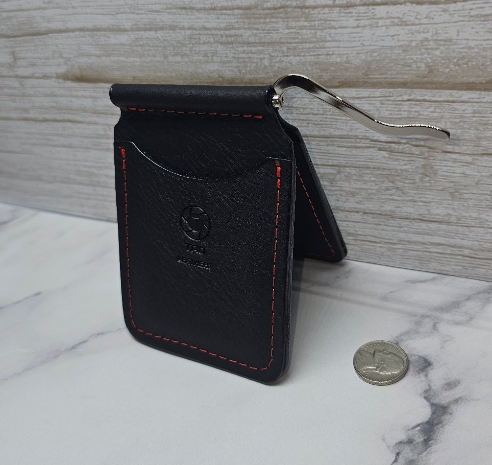 Black Leather Money Clip with Red Stitching | Premium Full - Grain Leather by Tad Leathers - Tad Leathers