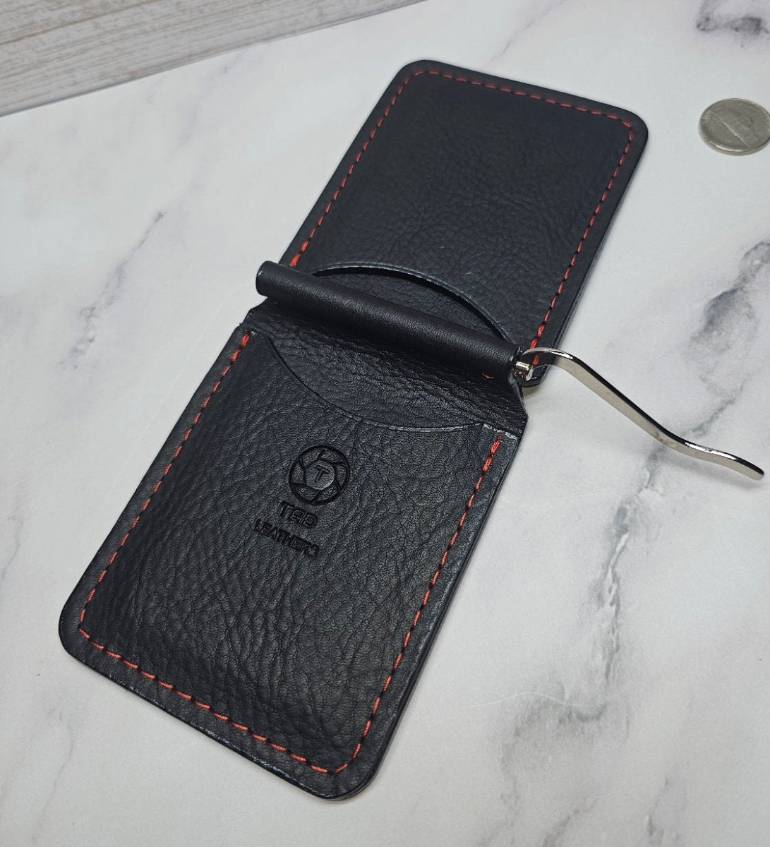 Black Leather Money Clip with Red Stitching | Premium Full-Grain
