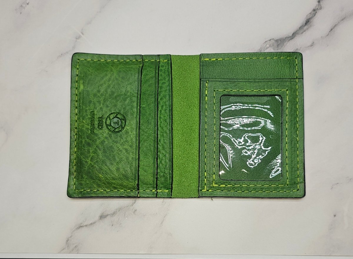 Vibrant Green Leather Card Wallet - Bold Handcrafted ID Holder Design - Tad Leathers