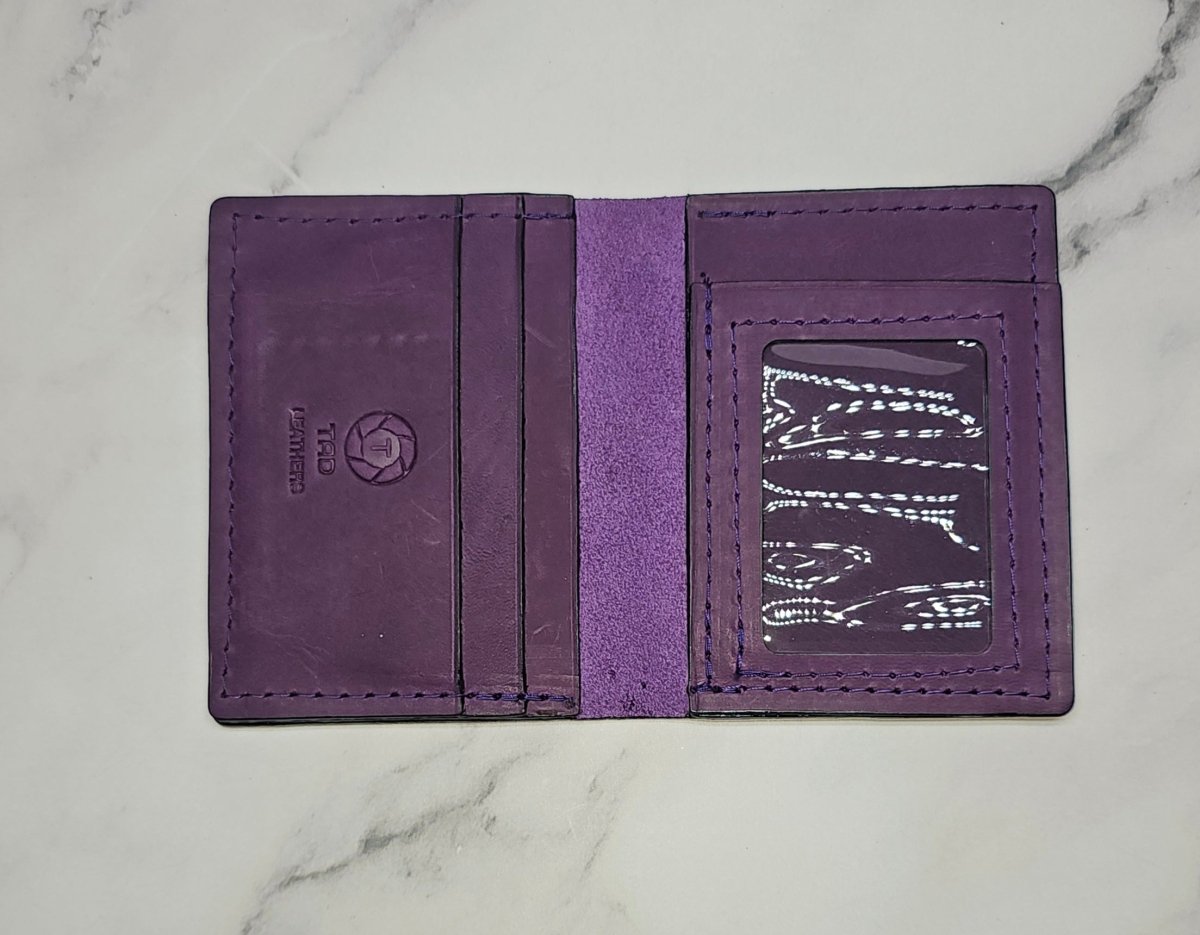 Royal Plum Leather Card Holder - Minimalist Wallet with Clear ID Window - Tad Leathers
