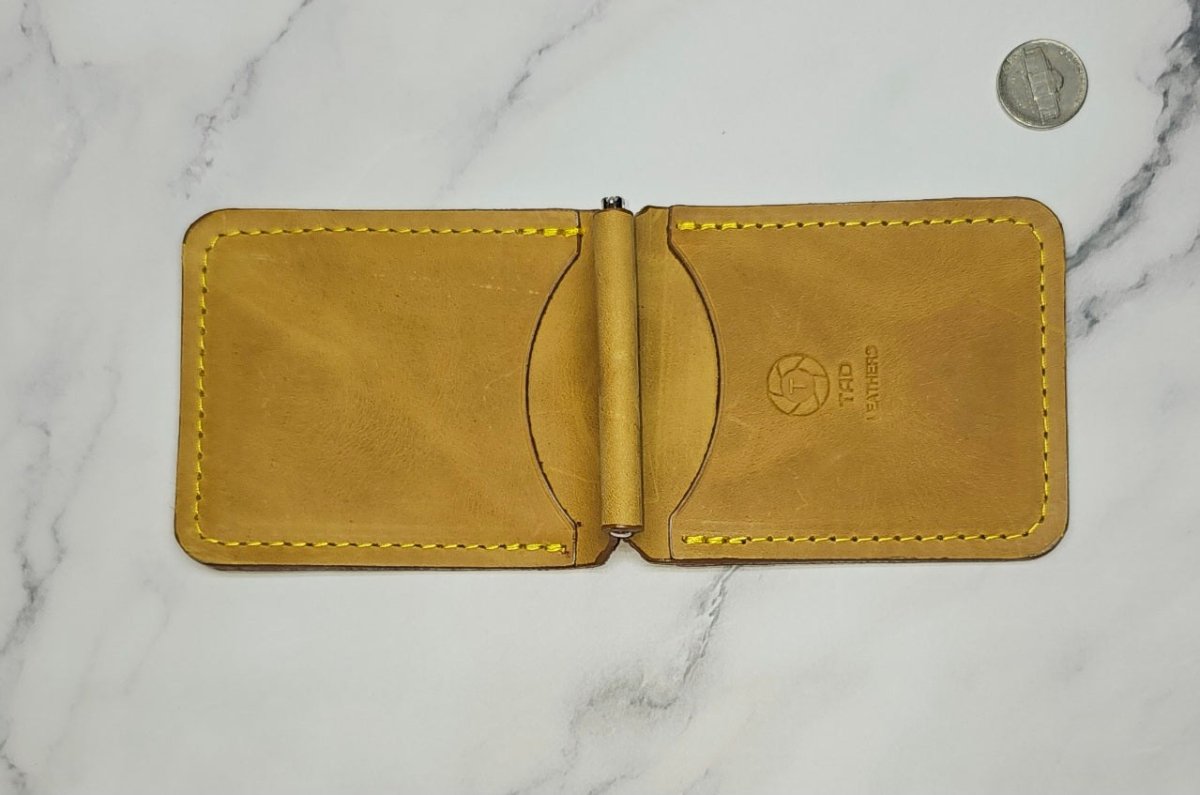 Yellow Leather Money Clip Wallet - Tad LeathersYellow Leather Money Clip WalletMoney ClipBest leather walletGift for him