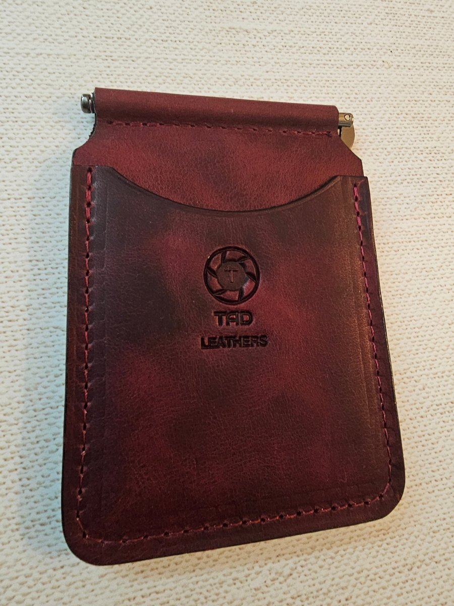 Handcrafted Black Leather Money Clip - Red Accent Stitching - Tad Leathers