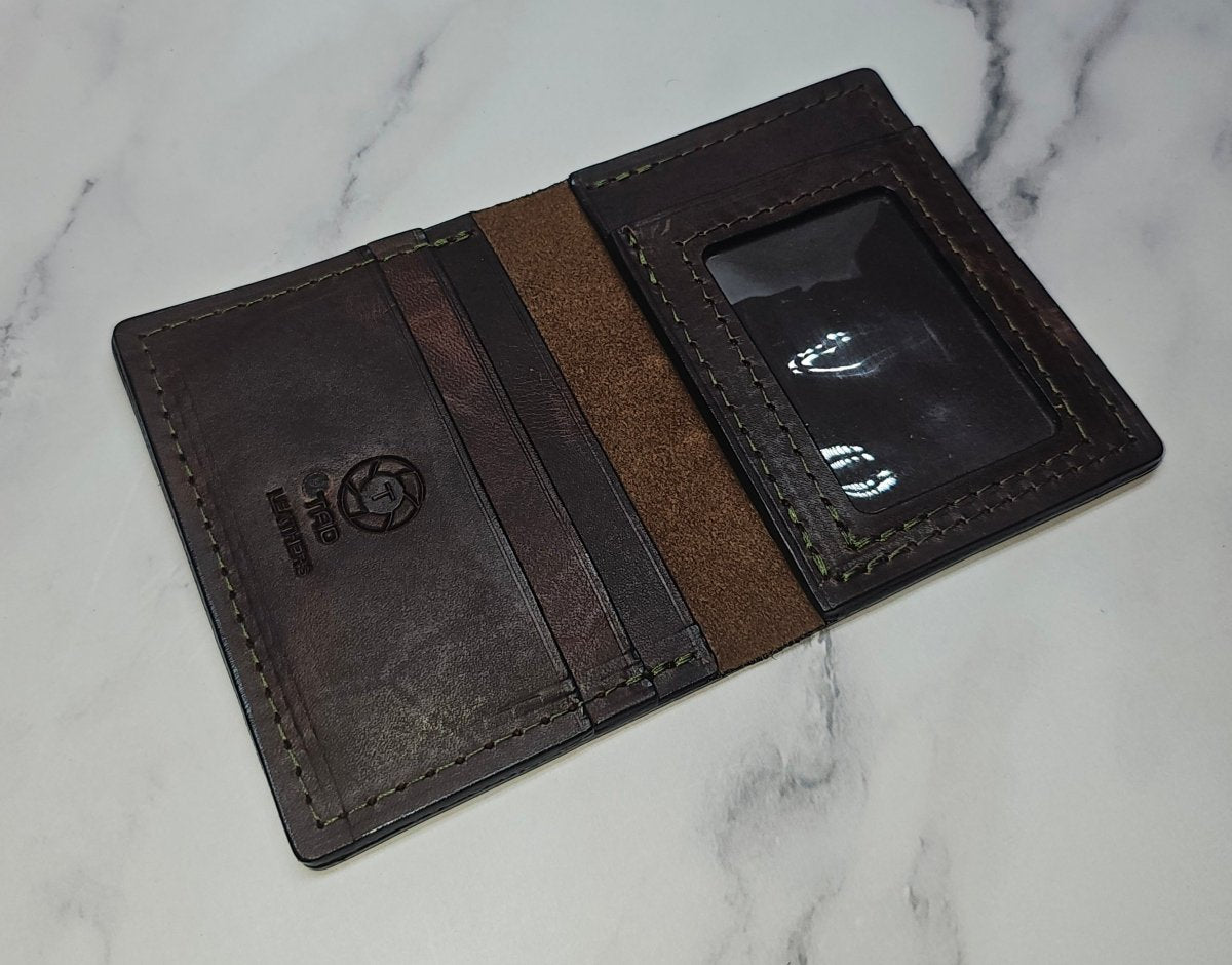 Brown Leather ID Holder - Handcrafted Leather Wallet with ID Window - Tad Leathers