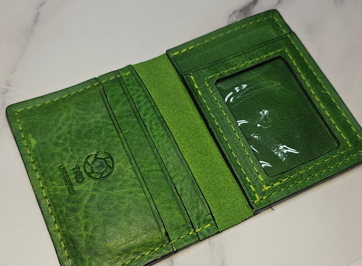 Vibrant Green Leather Card Wallet - Bold Handcrafted ID Holder Design - Tad Leathers