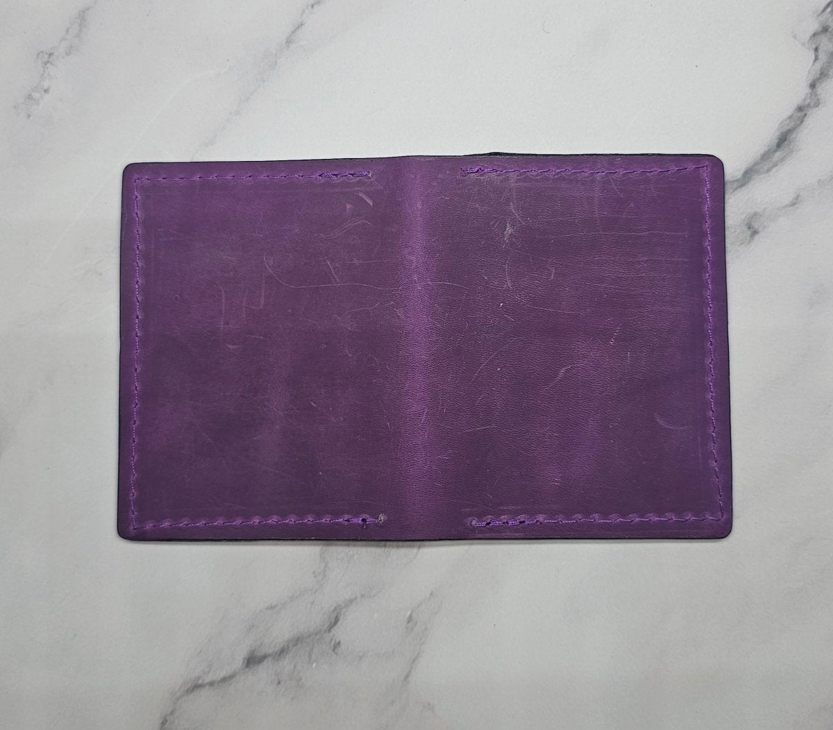 Royal Plum Leather Card Holder - Minimalist Wallet with Clear ID Window - Tad Leathers
