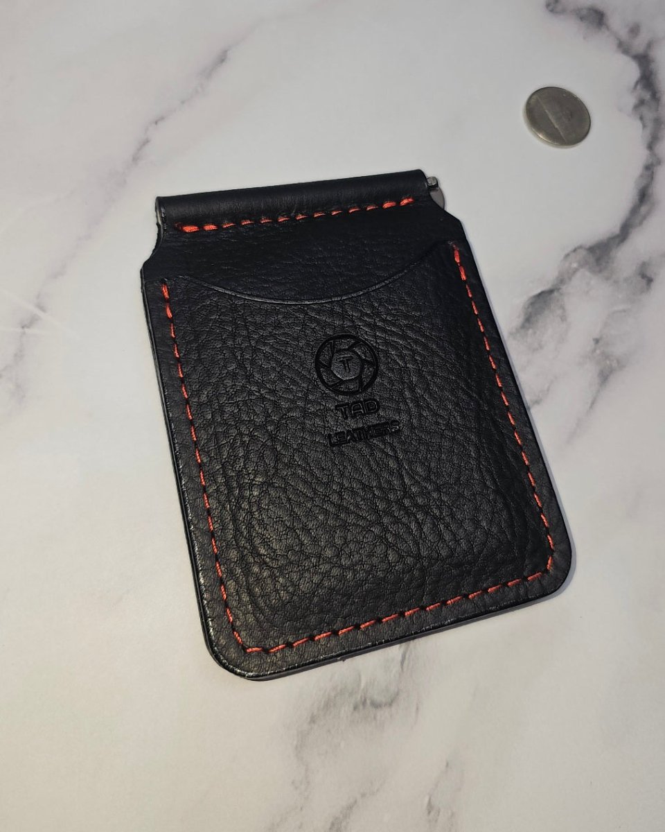 Black Leather Money Clip with Red Stitching | Premium Full-Grain
