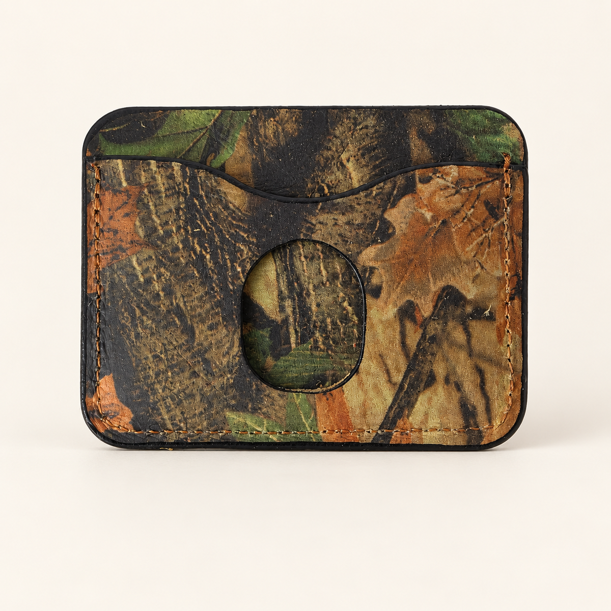 Woodland camouflage leather cardholder with thumb-access pocket, back view