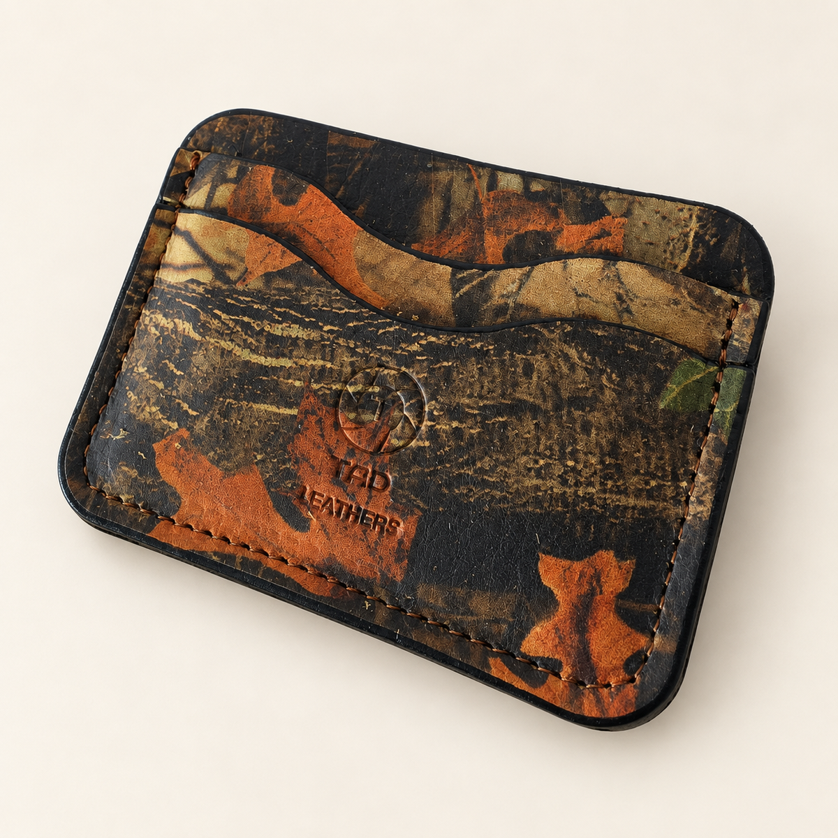 Woodland camouflage handmade leather cardholder, front view