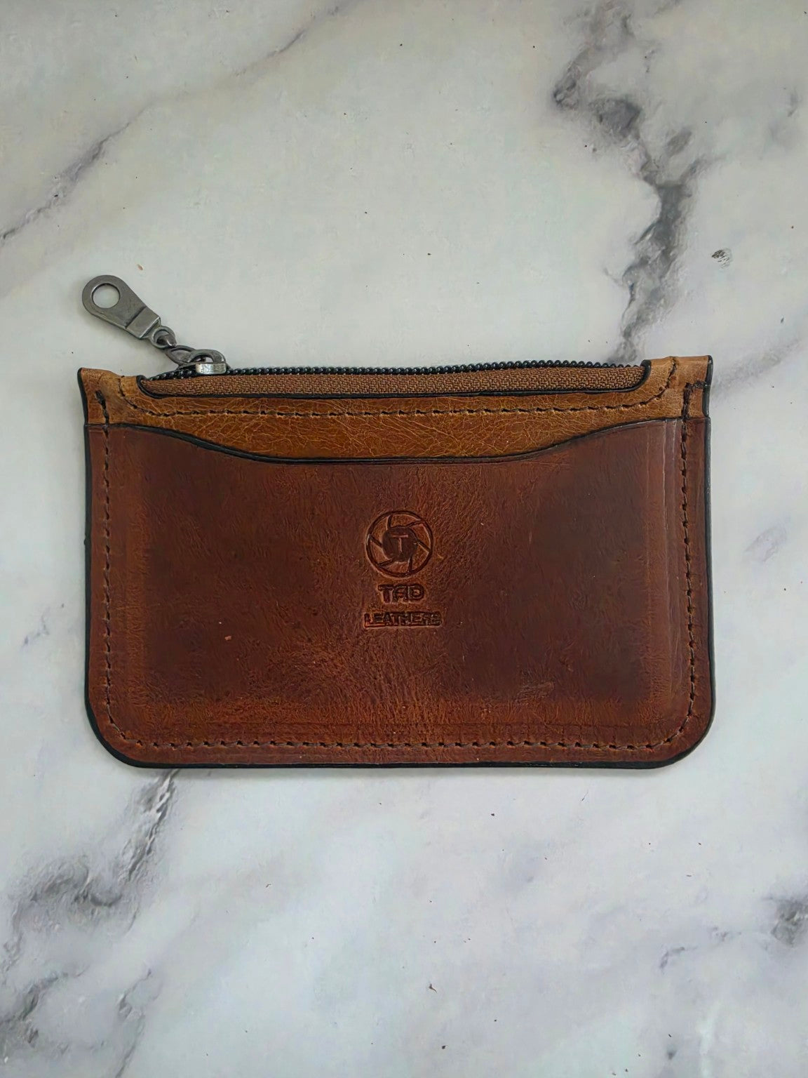 Cognac Brown handmade leather zipper card and coin pouch