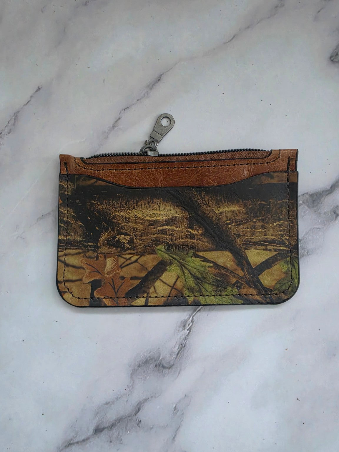 Woodland Camo handmade leather zipper card and coin pouch