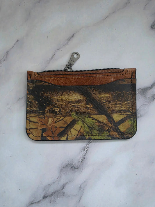 Woodland Camo handmade leather zipper card and coin pouch