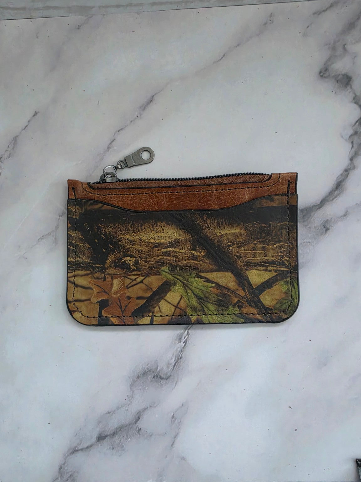 Woodland Camo handmade leather zipper pouch full view